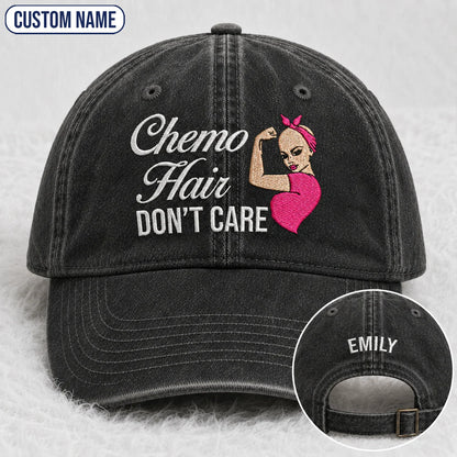 Personalized Hair Don’t Care Pink Ribbon Embroidered Washed Cap, Awareness Gift