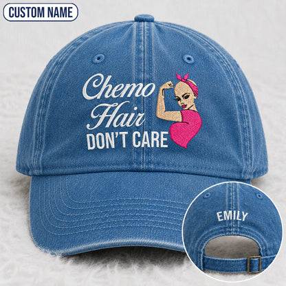 Personalized Hair Don’t Care Pink Ribbon Embroidered Washed Cap, Awareness Gift