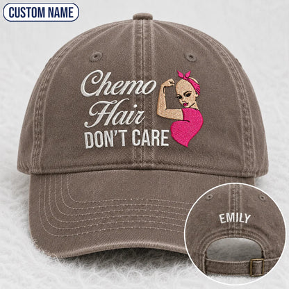 Personalized Hair Don’t Care Pink Ribbon Embroidered Washed Cap, Awareness Gift