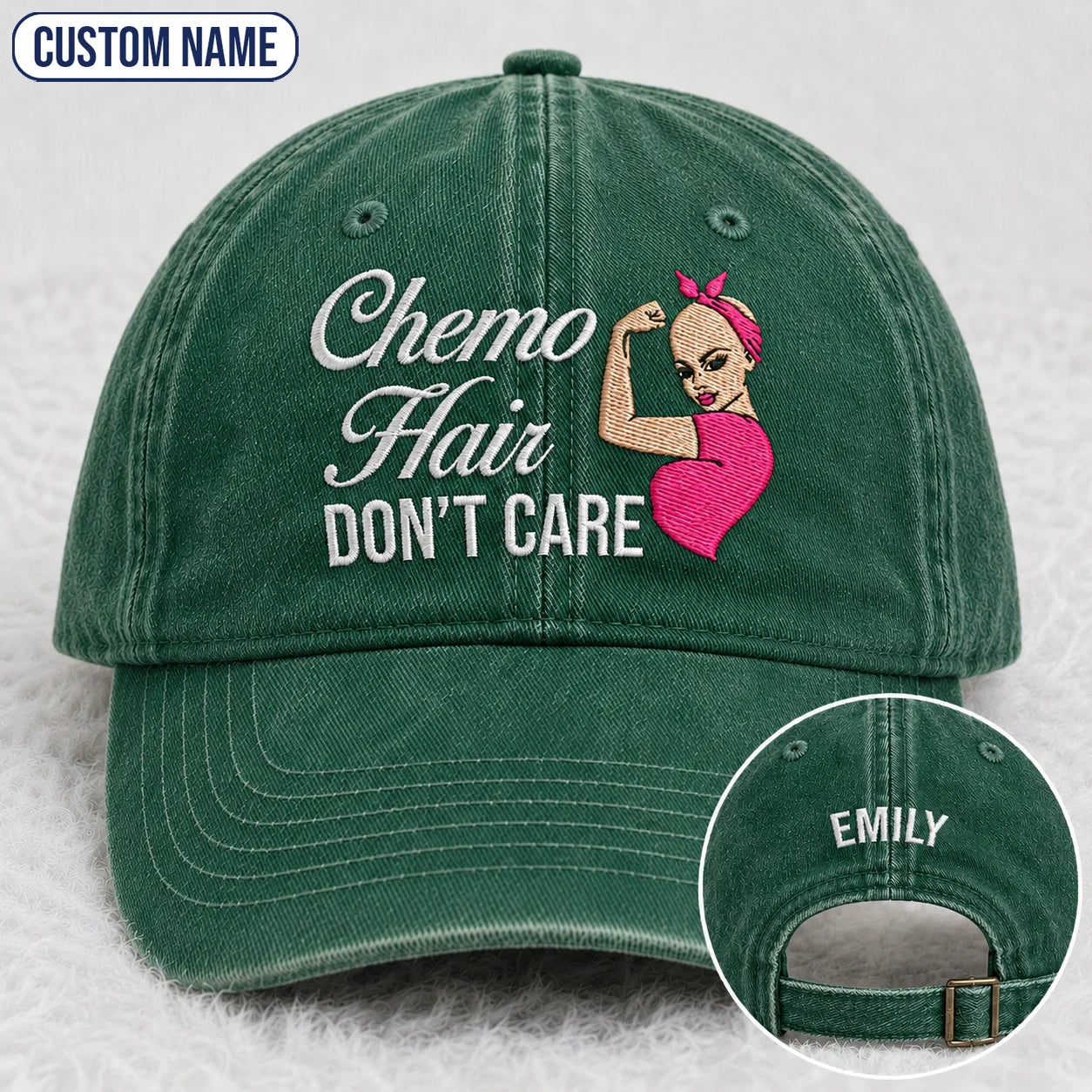 Personalized Hair Don’t Care Pink Ribbon Embroidered Washed Cap, Awareness Gift