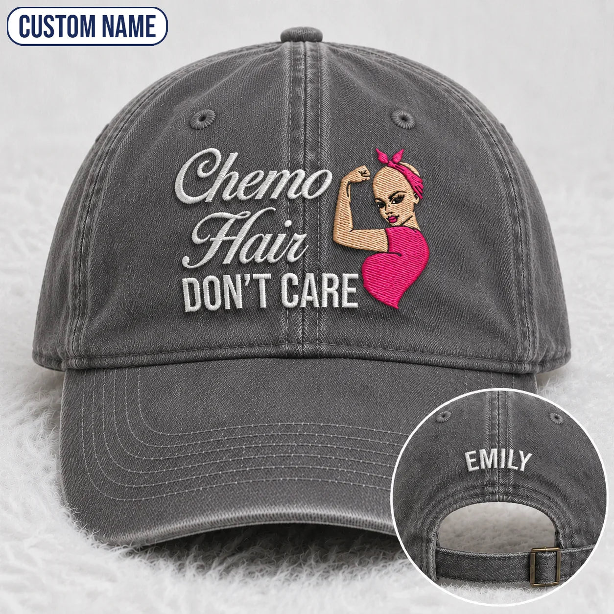 Personalized Hair Don’t Care Pink Ribbon Embroidered Washed Cap, Awareness Gift