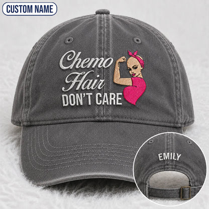 Personalized Hair Don’t Care Pink Ribbon Embroidered Washed Cap, Awareness Gift