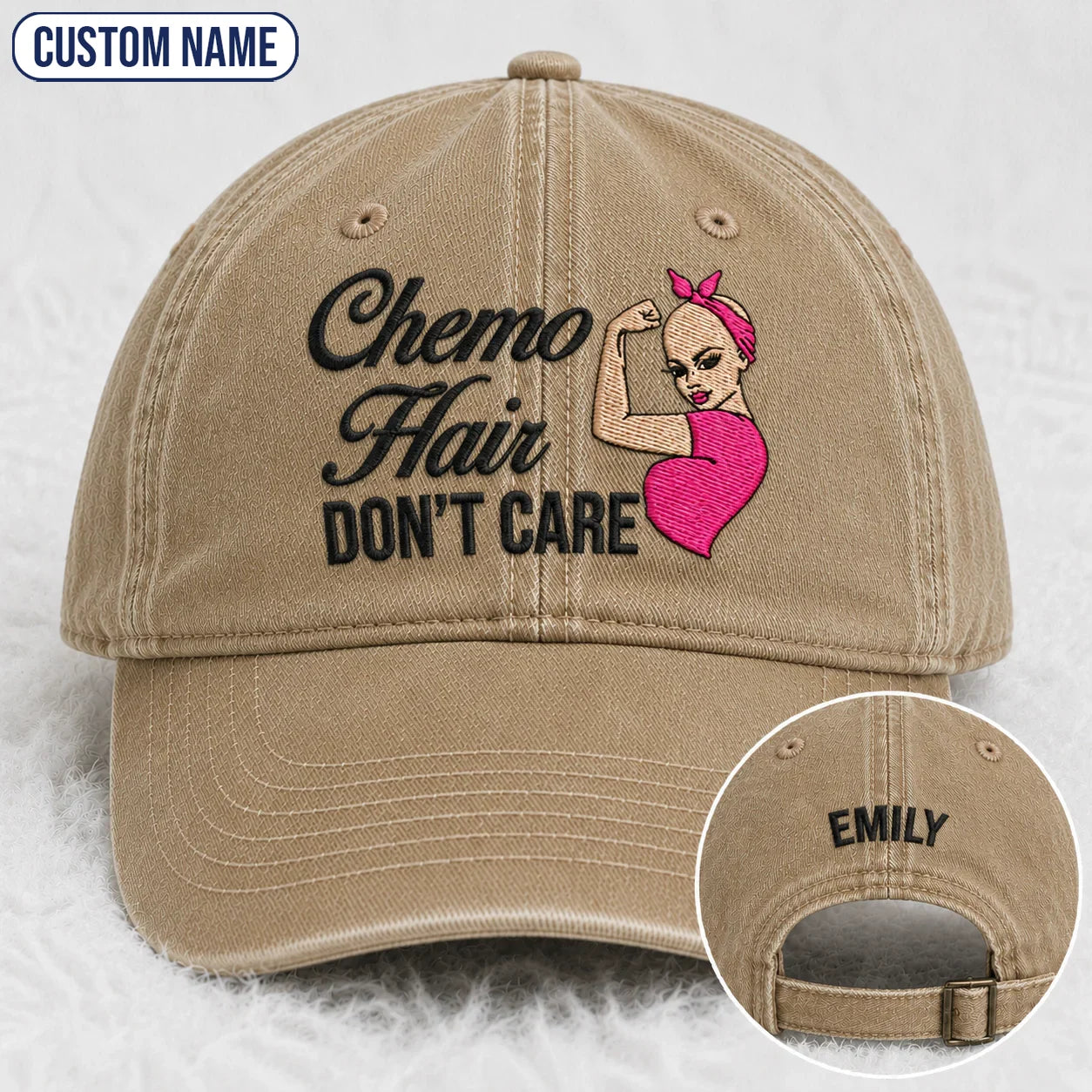 Personalized Hair Don’t Care Pink Ribbon Embroidered Washed Cap, Awareness Gift
