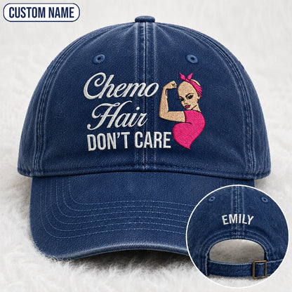 Personalized Hair Don’t Care Pink Ribbon Embroidered Washed Cap, Awareness Gift