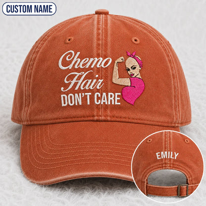 Personalized Hair Don’t Care Pink Ribbon Embroidered Washed Cap, Awareness Gift