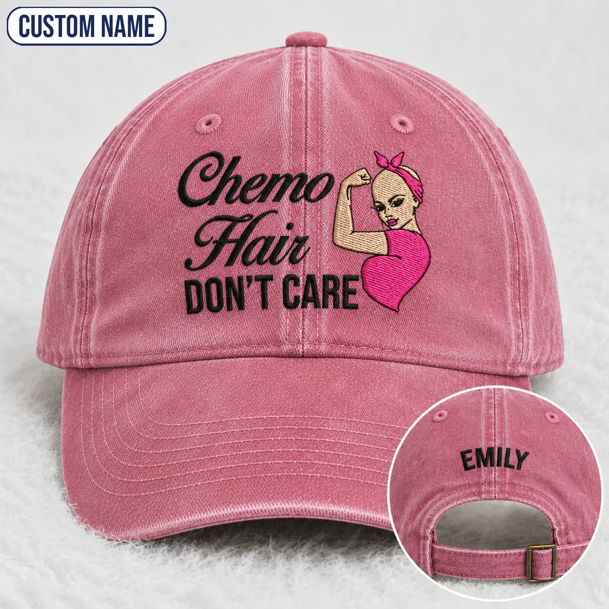 Personalized Hair Don’t Care Pink Ribbon Embroidered Washed Cap, Awareness Gift