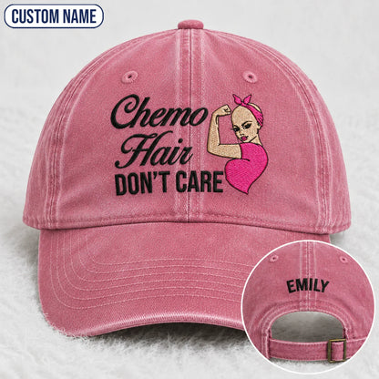 Personalized Hair Don’t Care Pink Ribbon Embroidered Washed Cap, Awareness Gift