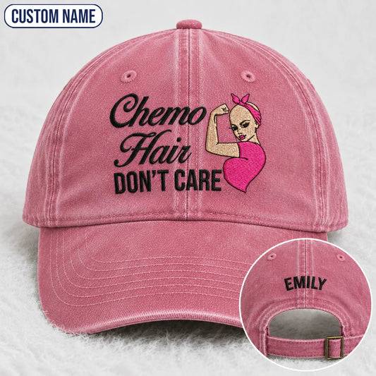 Personalized Hair Don’t Care Pink Ribbon Embroidered Washed Cap, Awareness Gift