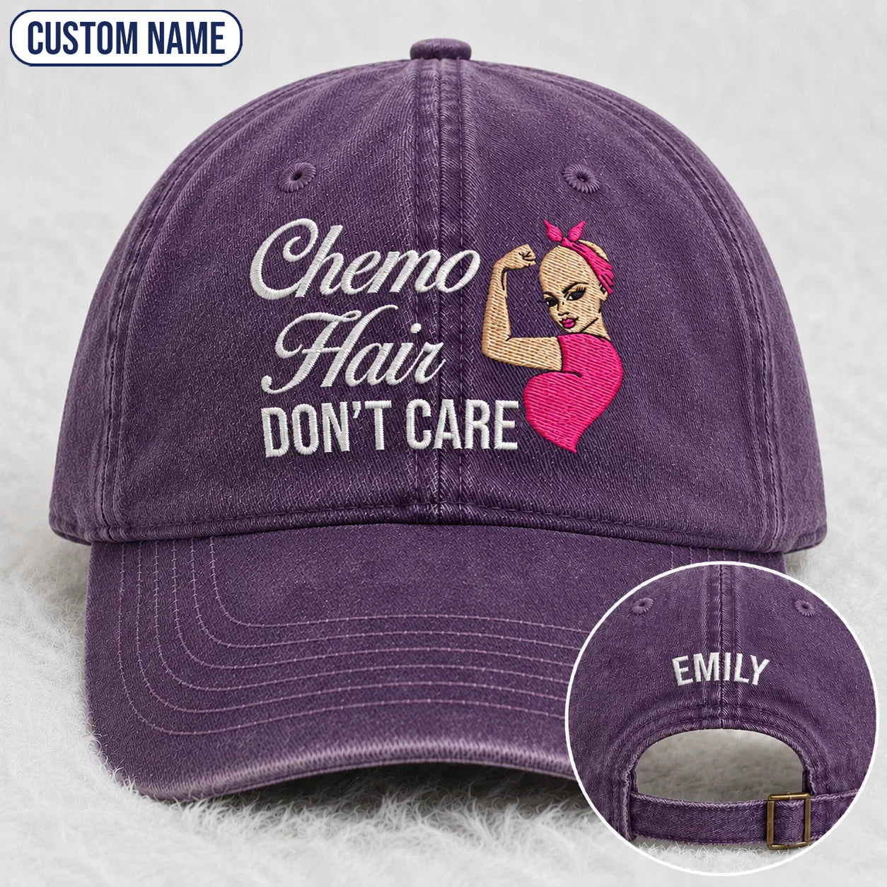 Personalized Hair Don’t Care Pink Ribbon Embroidered Washed Cap, Awareness Gift