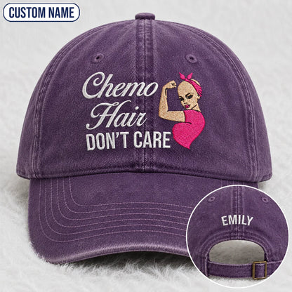 Personalized Hair Don’t Care Pink Ribbon Embroidered Washed Cap, Awareness Gift