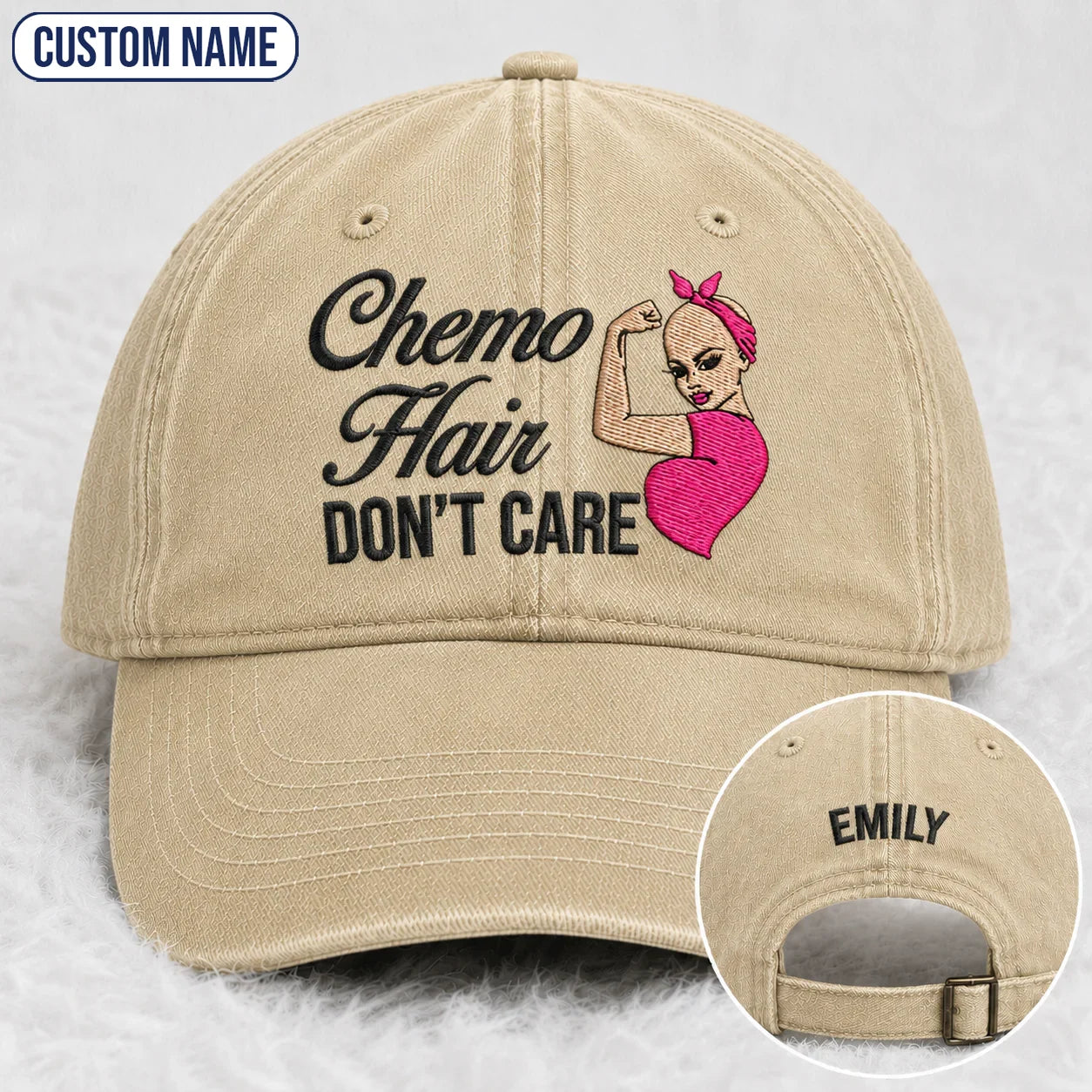 Personalized Hair Don’t Care Pink Ribbon Embroidered Washed Cap, Awareness Gift