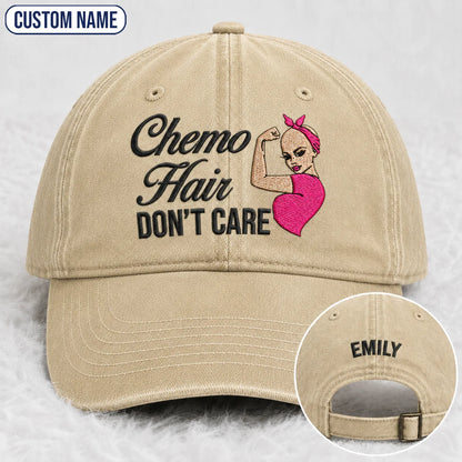 Personalized Hair Don’t Care Pink Ribbon Embroidered Washed Cap, Awareness Gift