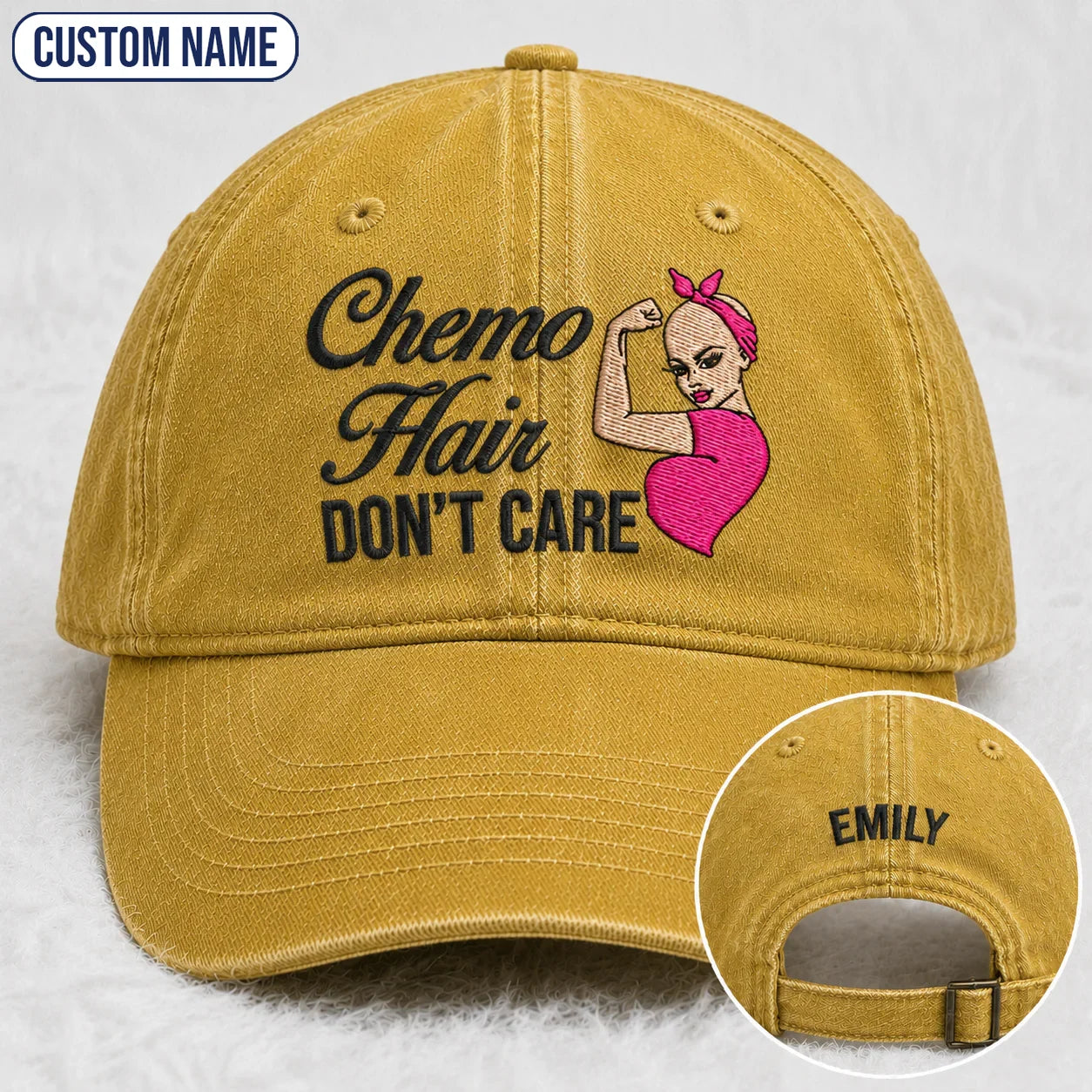 Personalized Hair Don’t Care Pink Ribbon Embroidered Washed Cap, Awareness Gift