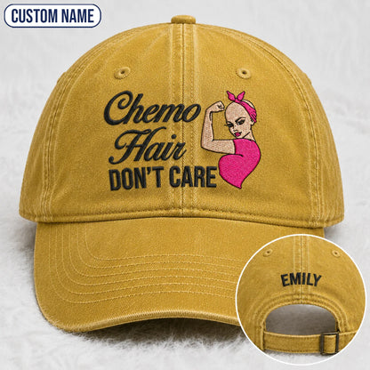 Personalized Hair Don’t Care Pink Ribbon Embroidered Washed Cap, Awareness Gift