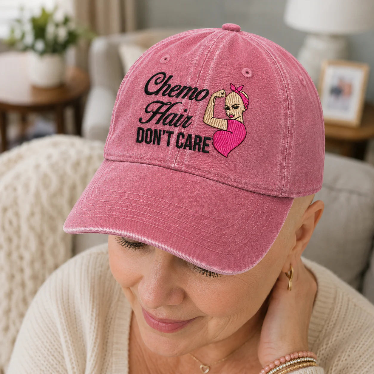 Personalized Hair Don’t Care Pink Ribbon Embroidered Washed Cap, Awareness Gift