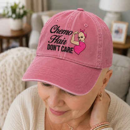 Personalized Hair Don’t Care Pink Ribbon Embroidered Washed Cap, Awareness Gift