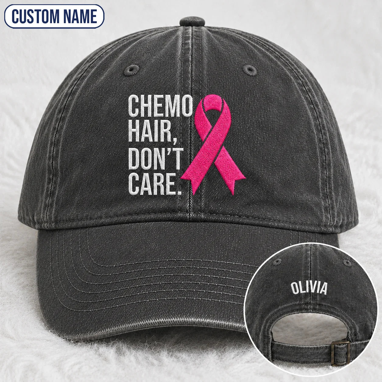 Personalized Hair Don’t Care Pink Ribbon Embroidered Washed Cap V2, Awareness Gift