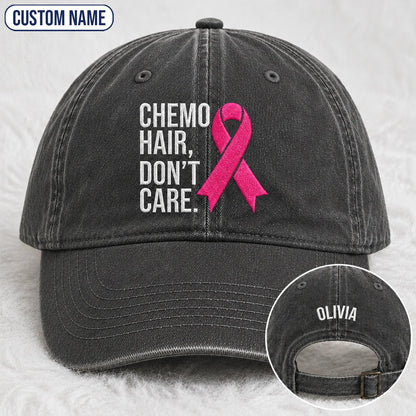Personalized Hair Don’t Care Pink Ribbon Embroidered Washed Cap V2, Awareness Gift