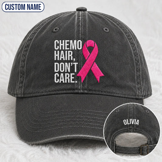 Personalized Hair Don’t Care Pink Ribbon Embroidered Washed Cap V2, Awareness Gift