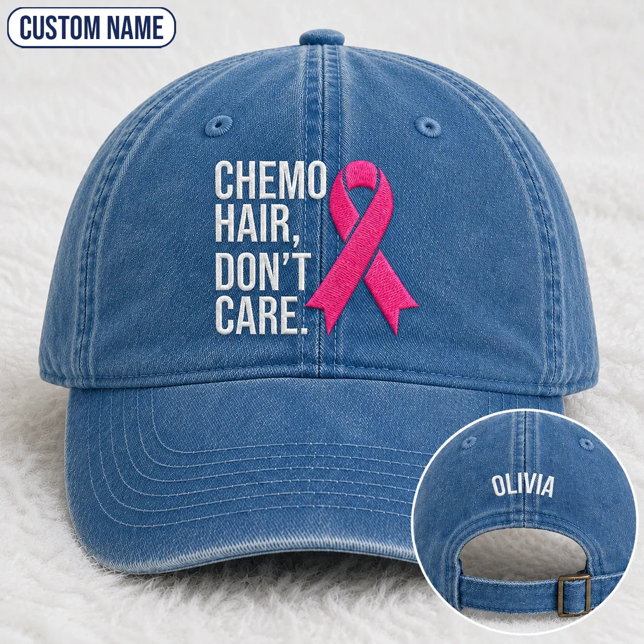 Personalized Hair Don’t Care Pink Ribbon Embroidered Washed Cap V2, Awareness Gift