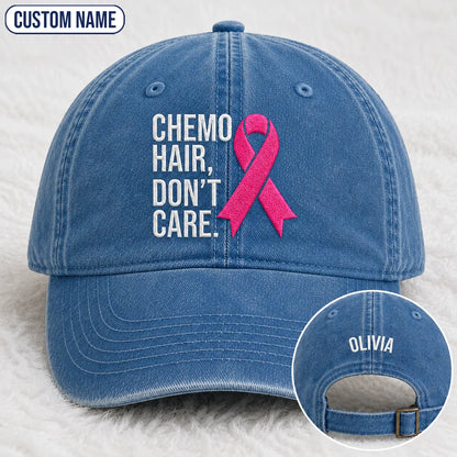 Personalized Hair Don’t Care Pink Ribbon Embroidered Washed Cap V2, Awareness Gift