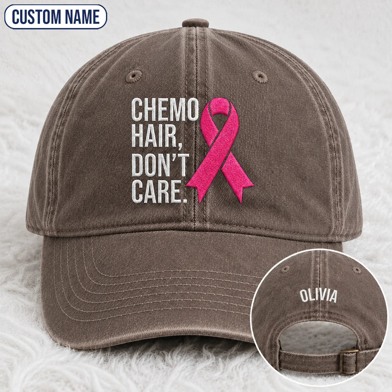 Personalized Hair Don’t Care Pink Ribbon Embroidered Washed Cap V2, Awareness Gift