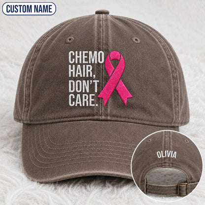 Personalized Hair Don’t Care Pink Ribbon Embroidered Washed Cap V2, Awareness Gift