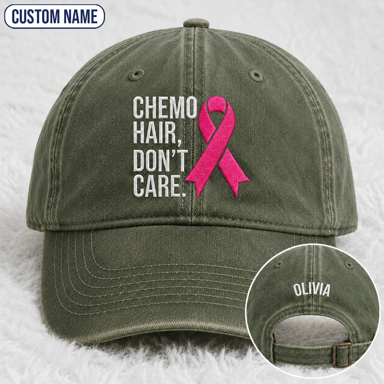 Personalized Hair Don’t Care Pink Ribbon Embroidered Washed Cap V2, Awareness Gift