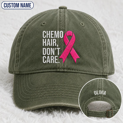 Personalized Hair Don’t Care Pink Ribbon Embroidered Washed Cap V2, Awareness Gift