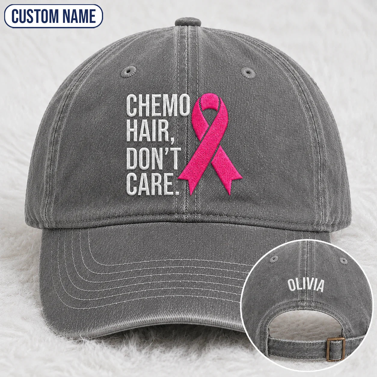 Personalized Hair Don’t Care Pink Ribbon Embroidered Washed Cap V2, Awareness Gift