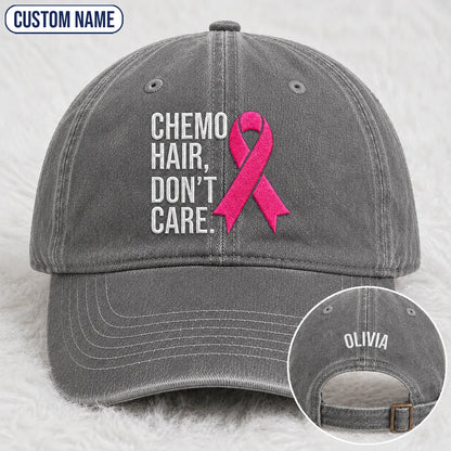 Personalized Hair Don’t Care Pink Ribbon Embroidered Washed Cap V2, Awareness Gift