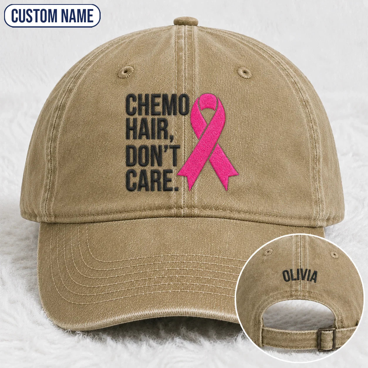 Personalized Hair Don’t Care Pink Ribbon Embroidered Washed Cap V2, Awareness Gift