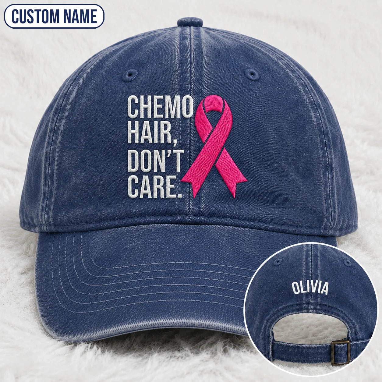 Personalized Hair Don’t Care Pink Ribbon Embroidered Washed Cap V2, Awareness Gift