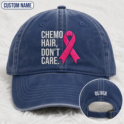 Personalized Hair Don’t Care Pink Ribbon Embroidered Washed Cap V2, Awareness Gift
