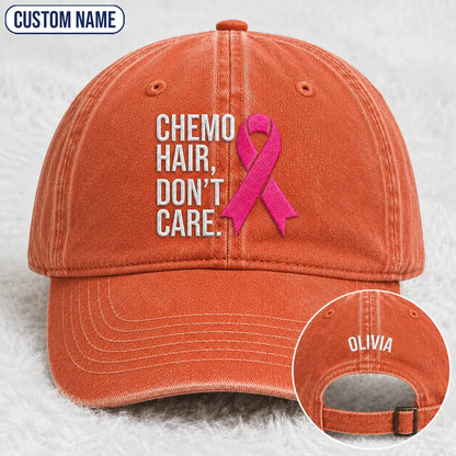 Personalized Hair Don’t Care Pink Ribbon Embroidered Washed Cap V2, Awareness Gift