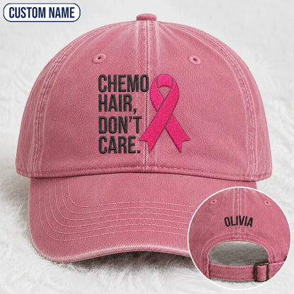 Personalized Hair Don’t Care Pink Ribbon Embroidered Washed Cap V2, Awareness Gift