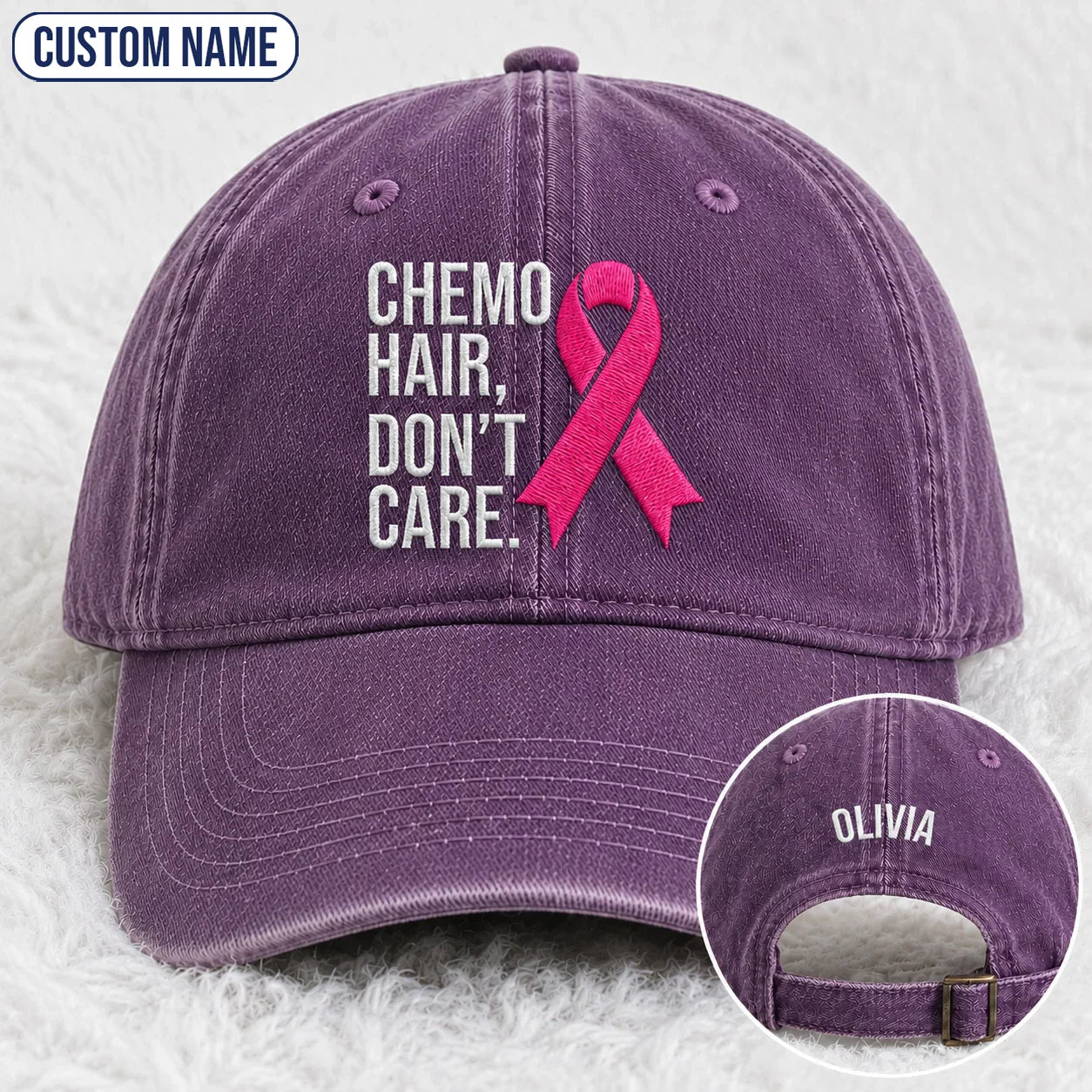 Personalized Hair Don’t Care Pink Ribbon Embroidered Washed Cap V2, Awareness Gift