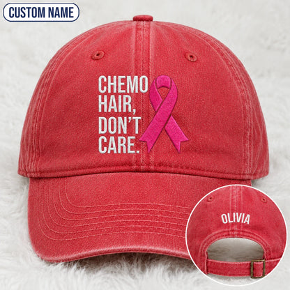 Personalized Hair Don’t Care Pink Ribbon Embroidered Washed Cap V2, Awareness Gift