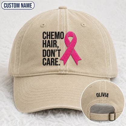 Personalized Hair Don’t Care Pink Ribbon Embroidered Washed Cap V2, Awareness Gift