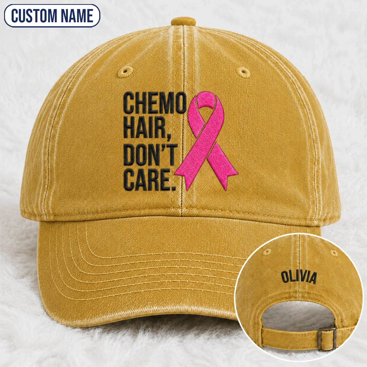 Personalized Hair Don’t Care Pink Ribbon Embroidered Washed Cap V2, Awareness Gift