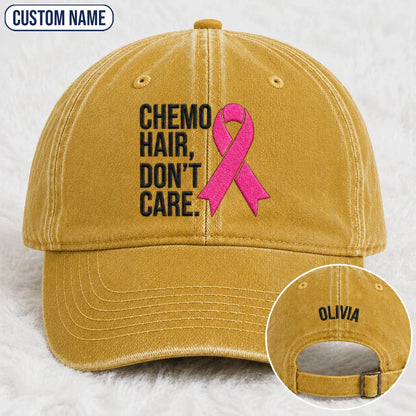 Personalized Hair Don’t Care Pink Ribbon Embroidered Washed Cap V2, Awareness Gift