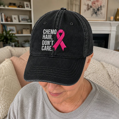 Personalized Hair Don’t Care Pink Ribbon Embroidered Washed Cap V2, Awareness Gift