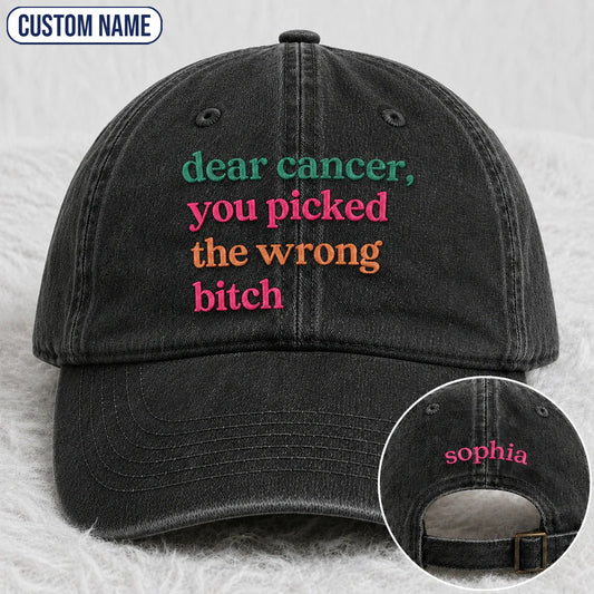Personalized You Picked The Wrong Pink Ribbon Embroidered Washed Cap, Awareness Gift