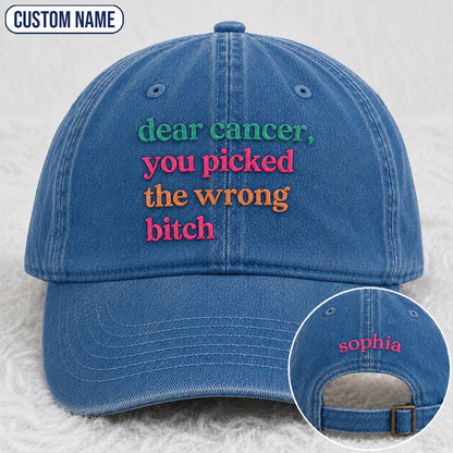 Personalized You Picked The Wrong Pink Ribbon Embroidered Washed Cap, Awareness Gift