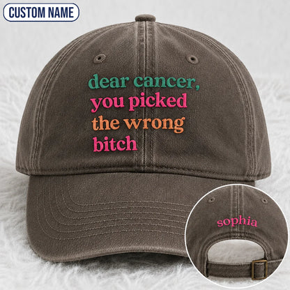 Personalized You Picked The Wrong Pink Ribbon Embroidered Washed Cap, Awareness Gift