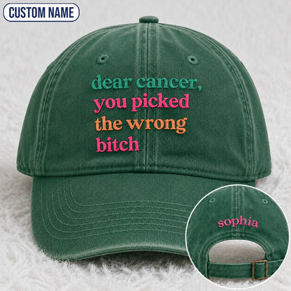 Personalized You Picked The Wrong Pink Ribbon Embroidered Washed Cap, Awareness Gift