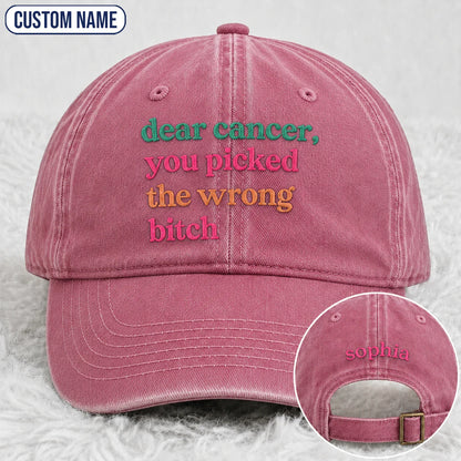 Personalized You Picked The Wrong Pink Ribbon Embroidered Washed Cap, Awareness Gift