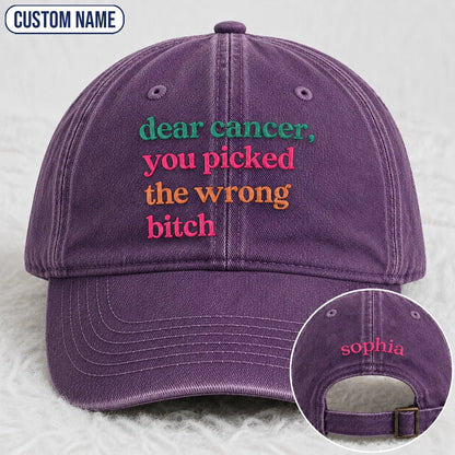 Personalized You Picked The Wrong Pink Ribbon Embroidered Washed Cap, Awareness Gift