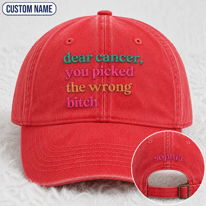 Personalized You Picked The Wrong Pink Ribbon Embroidered Washed Cap, Awareness Gift