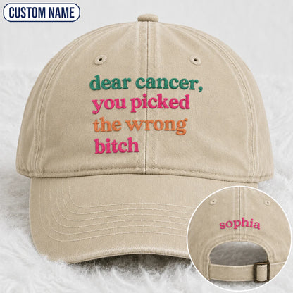 Personalized You Picked The Wrong Pink Ribbon Embroidered Washed Cap, Awareness Gift